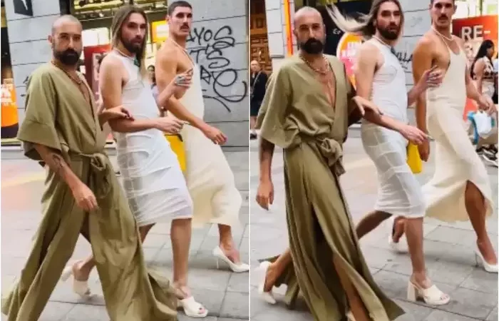 तीन लड़कों ने लड़कियां वाले कपड़े पहने, फिर स्वैग से सड़क पर किया वॉक