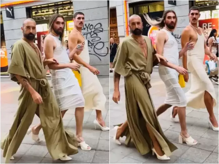 तीन लड़कों ने लड़कियां वाले कपड़े पहने, फिर स्वैग से सड़क पर किया वॉक
