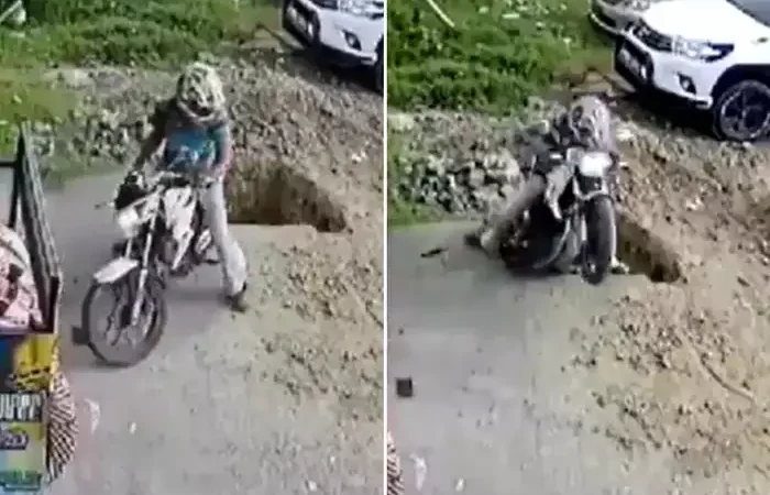 बाइक रिवर्स कर रहा था बंदा, अचानक ही पहुंच गया जमीन के नीचे