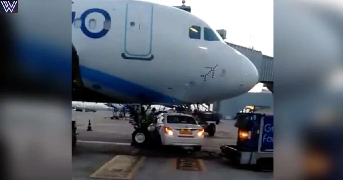 VIDEO: अचानक ‘Indigo’ के प्लेन के नीचे आ गई कार, पहिये से टकराते-टकराते बची