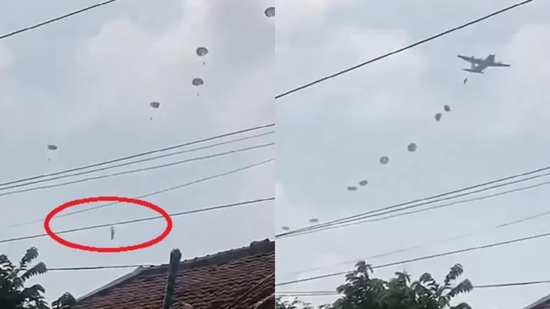 उड़ते विमान से जमीन पर गिरा सैनिक, वीडियो आया सामने