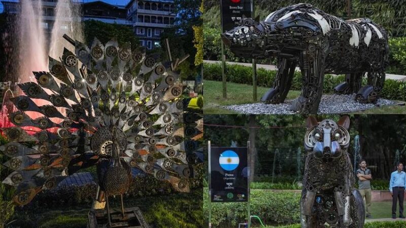 कबाड़ से बनी जी-20 देशों के राष्ट्रीय पशु-पक्षियों की आकृति